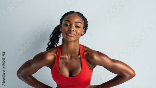 Strong woman poses with confidence while wearing a red tank top in studio setting