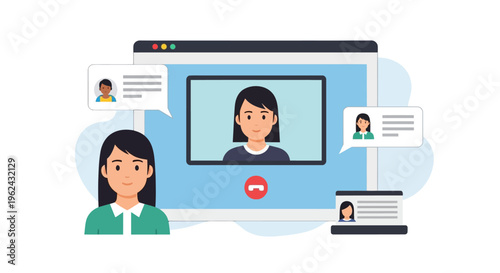 Video Conference Call Illustration with Online Meeting Participants and Chat