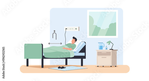 Male Patient Resting in Hospital Bed - Healthcare and Medical Recovery Flat Illustration