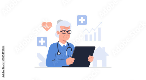 Experienced Senior Female Doctor Using Digital Tablet for Telehealth & Digital Healthcare Services