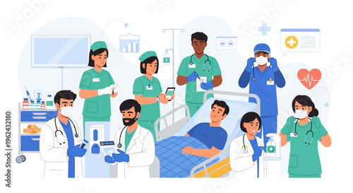 Diverse Medical Team Providing Patient Care in Hospital Setting. Healthcare Professionals, Doctors, and Nurses Delivering Comprehensive Health Services.