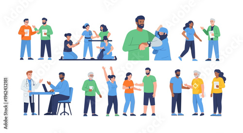 Diverse People Interacting in Business, Healthcare, and Social Scenes - Flat Vector Illustration Collection