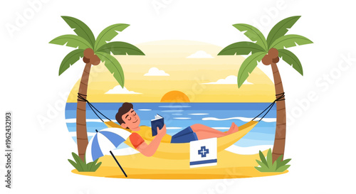 Relaxing Man Reading Book in Hammock on Tropical Beach at Sunset - Vacation Leisure Getaway
