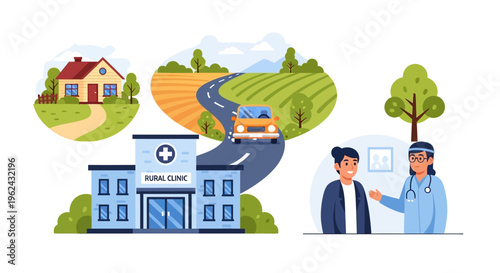Rural Clinic Access & Healthcare Services Illustration - Patient Journey to Community Medical Care