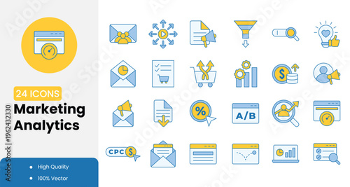 Marketing analytics icons set for business and finance applications