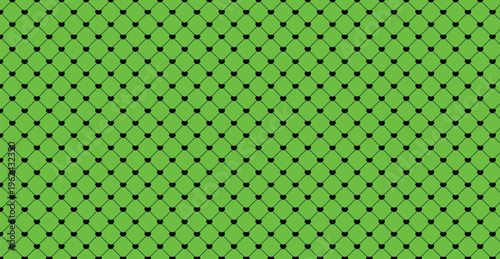 Seamless green quilted pattern with black hearts and geometric grid lines