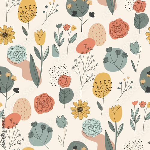 Artistic garden-inspired illustration showcasing a variety of blooming botanical elements