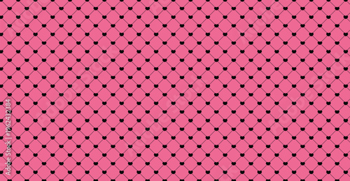 Seamless pink quilted pattern with black hearts and geometric grid lines