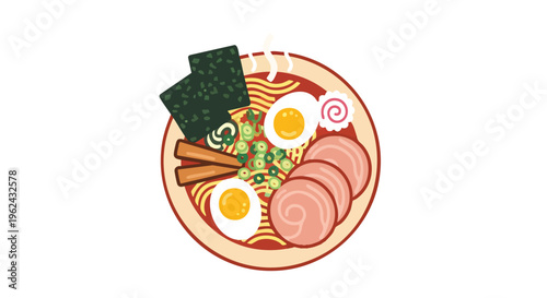A vibrant, flat-style illustration of a bowl of a Japanese noodle soup dish with various components like eggs and meat