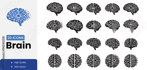 Collection of twenty brain icons in various circuit designs