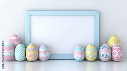 Easter eggs with pastel zigzags are displayed near a light blue frame against a plain white background, providing a festive template for sp celebrations.