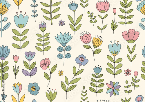 Colorful garden blossoms arranged in a seamless design that feels fresh and inviting