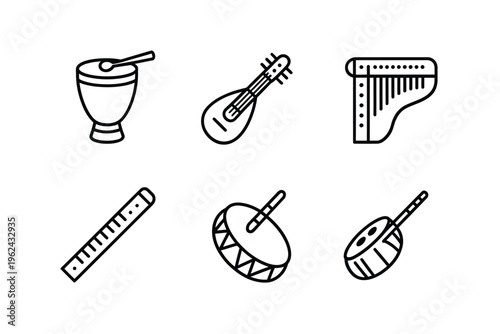 A collection of minimalist line art depicting various traditional musical instruments from around the world