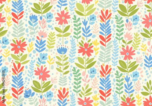 Artistic garden-inspired pattern showcasing a variety of blooming plants