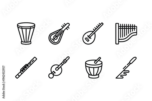 A collection of black and white line art illustrations depicting various traditional musical instruments high quality