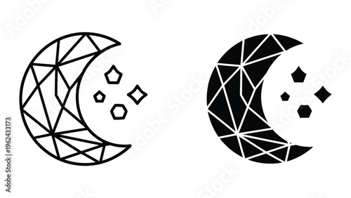 Contrasting geometric crescent moons with star-like shapes in monochrome design