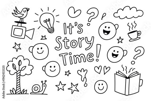 Whimsical black and white doodle illustration depicts storytelling elements like birds books and cheerful faces