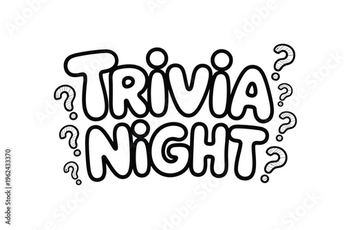 A hand drawn illustration spells out trivia night with bubbly lettering and surrounding question marks