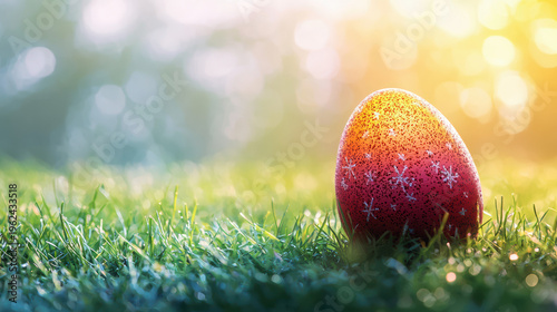 Glitte easter egg adorned with snowflakes stands majestically on vibrant green grass, bathed in the soft, golden sunlight of a beautiful sp morning.