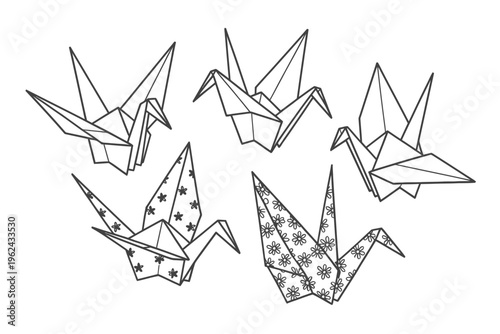 A collection of delicately drawn origami cranes with varying patterns and wing positions is displayed