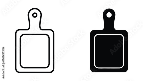 Black and white illustration of a kitchen cutting board with a handle on each side