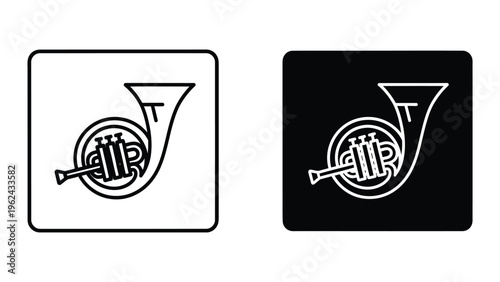 Contrasting french horn icons on white and black backgrounds