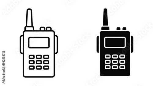 Two walkie-talkie devices depicted in contrasting black and white styles