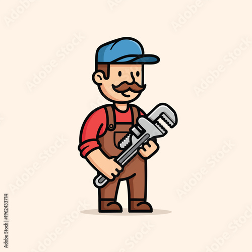 A cartoon-style handyman, wearing overalls and a cap, with a mustache, holds a wrench. Set on a beige background
