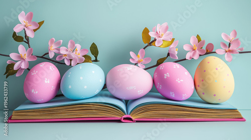 Five pastel Easter eggs decorated with polka dots and flowers are resting on a open book with floral blossoms against a bright sptime background image.