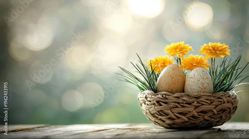 Two speckled Easter eggs are led within a woven basket surrounded by bright yellow flowers and green grass, creating a festive holiday scene on wood boards.