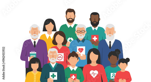 Global Healthcare Community: Diverse People Holding Medical and Support Symbols