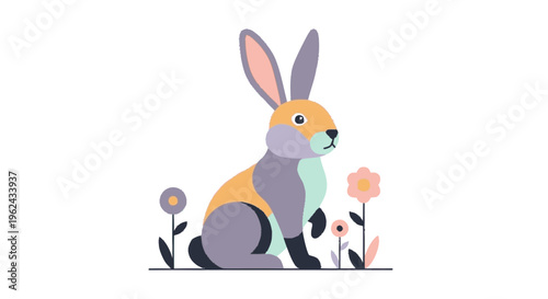 Cartoon Rabbit Sitting with Flowers Nearby.