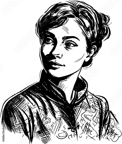 Ink drawing portrait of young woman with voluminous wavy hair glancing sideways mysteriously on white background