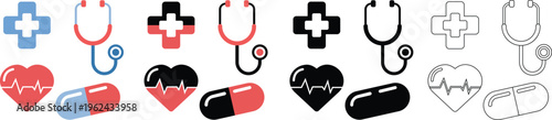 Medical Icons Set Cross Pill Heartbeat Stethoscope Healthcare Symbol