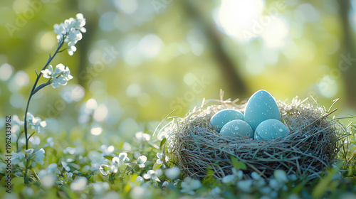 A containing speckled blue eggs sits among blooming white flowers in a sunlit meadow, creating a serene and inviting Easter scene with natural beauty.
