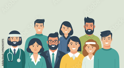 Diverse Group of Smiling Professionals in Flat Design Illustration, Representing Community, Teamwork, and Various Occupations