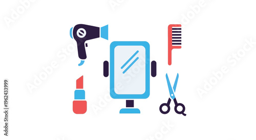 Hair salon tools and smartphone in colorful flat design for beauty business
