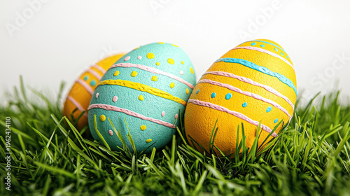 Three decorated Easter eggs, one blue and two yellow, sit led in a bed of vibrant green grass against a clean, bright background, ready for the holiday celebration.