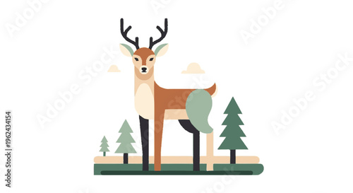 Deer Illustration with Antlers and Trees.