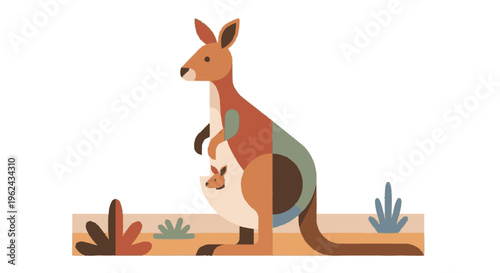 Kangaroo with Joey in Pouch Illustration.
