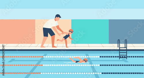 Man Coaching Young Boy Swimming in Pool.