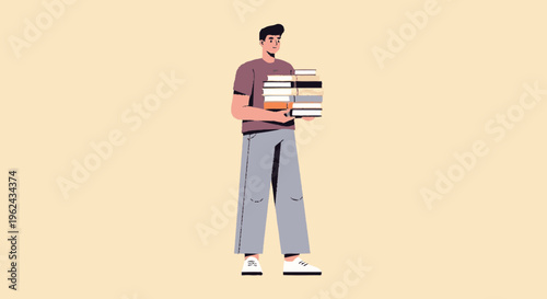 Man Holding Stack of Books Illustration.