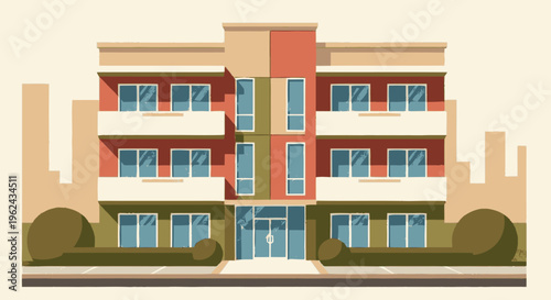 Modern Apartment Building with Red Facade.