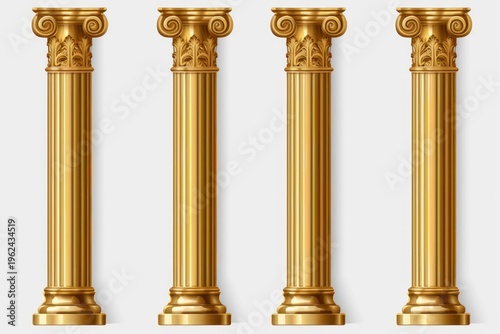 Golden classical ionic columns depicting ancient roman and greek architecture