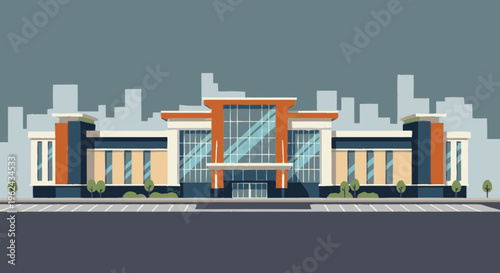 Modern Building with Glass Facade and Orange Accents.