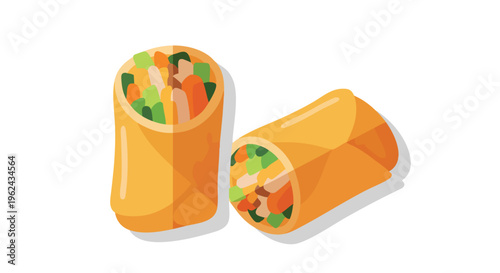 A vectorized illustration depicts two filled wraps, one upright, the other on its side. Each features visible fillings of greens and various components