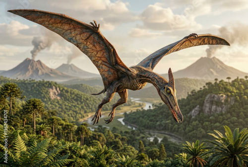 Pterodactyl flying across a jungle valley with smoking volcanoes in the background