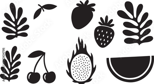 Black and white fruits and leaves stylized design elements vector illustration