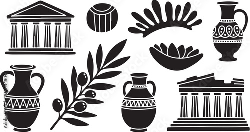 Ancient greek symbols featuring architectural and nature elements vector illustration