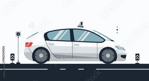 Self Driving Car Illustration on Roadway.
